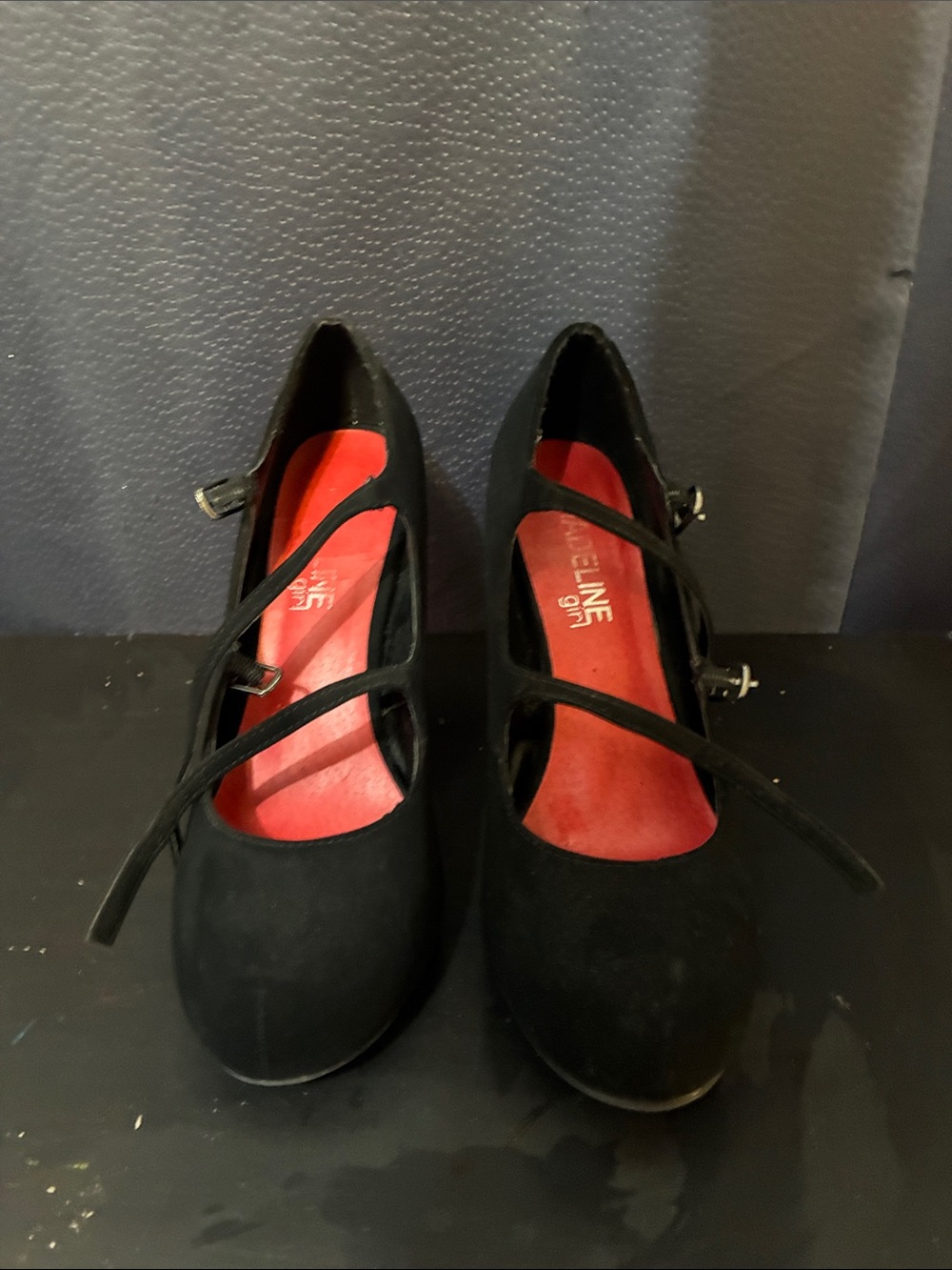 Madeline Black Suede Cross-Strap Heels with Red Insole